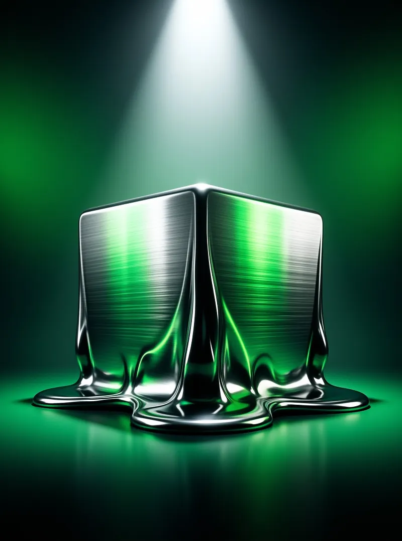 A liquid metallic cube drips onto a dark reflective floor illuminated by a single green spotlight.