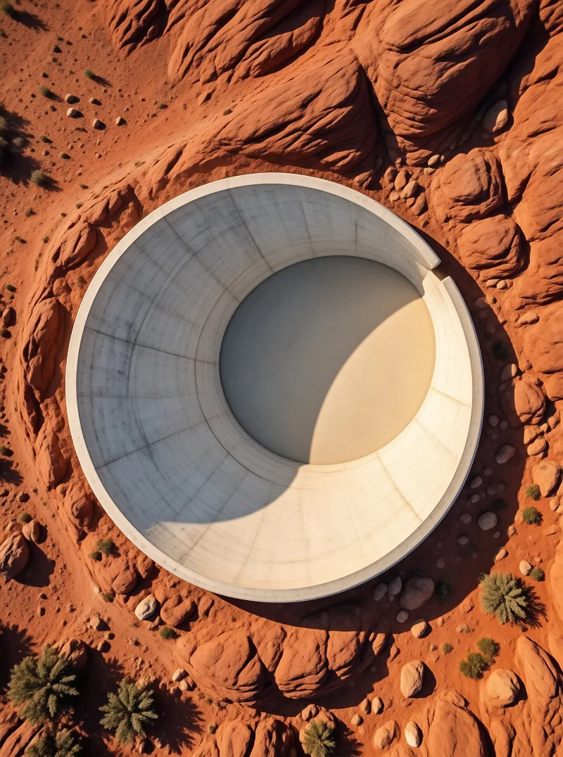 Overhead view of a white circular concrete pit embedded in red desert rock with strong diagonal shadow.