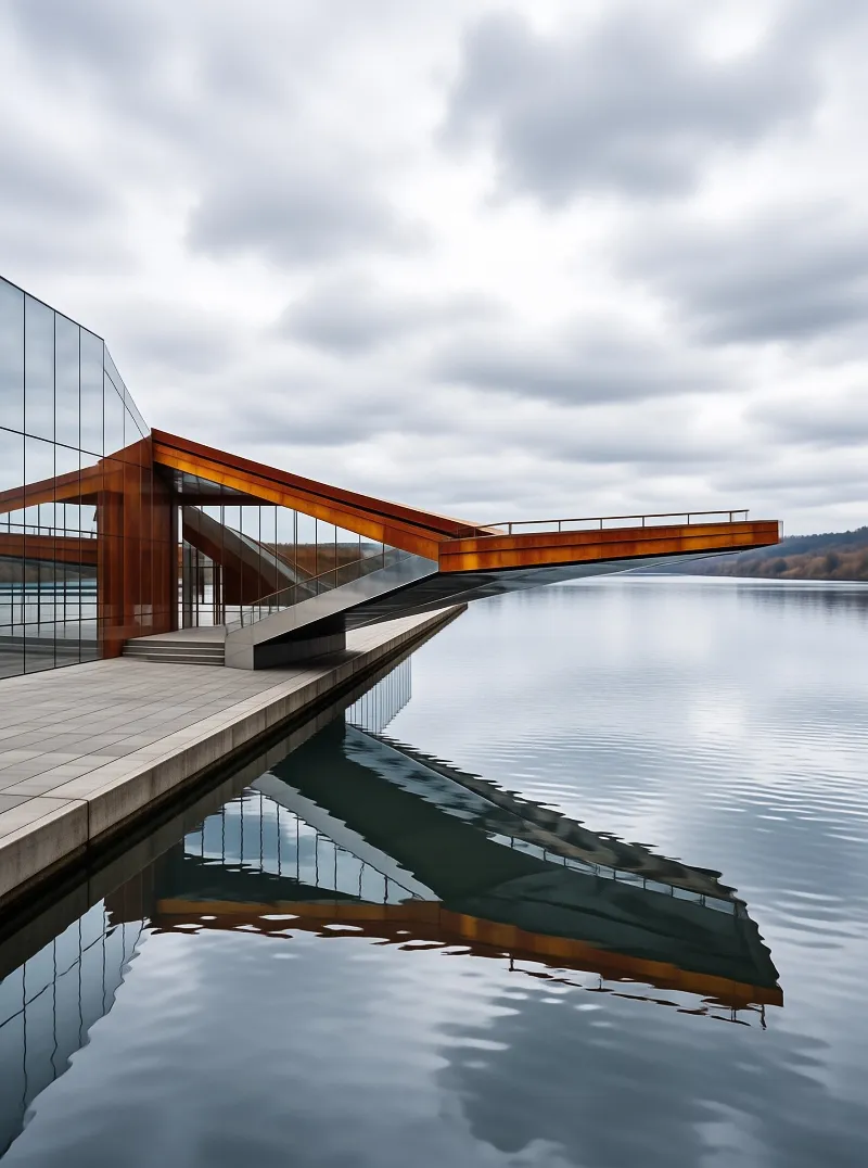 A modern structure with rust beams projects from a wooden deck onto quiet water under a cloudy grey sky.
