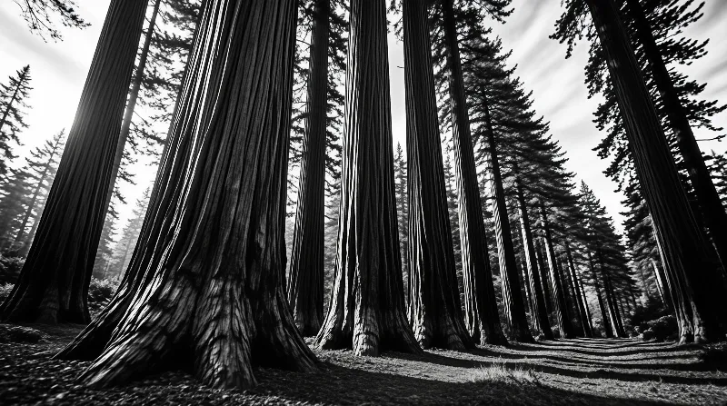 Giant sequoia trunks rise high above a sunlit forest clearing, casting long sharp shadows across the forest floor in bright natural light.