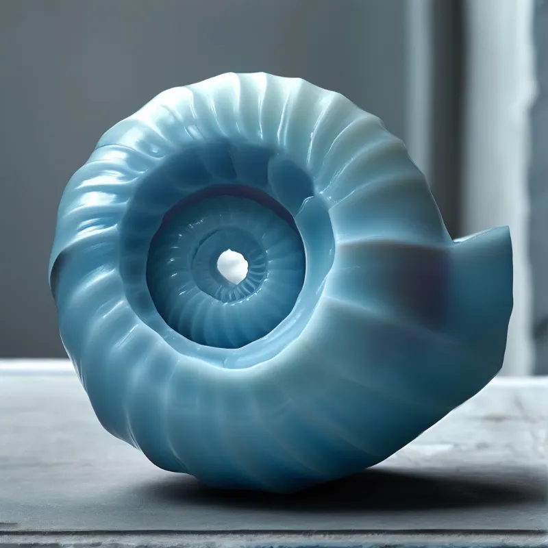 A glazed spiral shell form sits on a stone ledge, its ridged coils catching cool daylight from a nearby window.