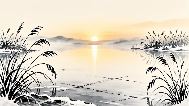 Black ink reeds border a calm lake where the sun rises over distant misty hills casting golden light on the water.
