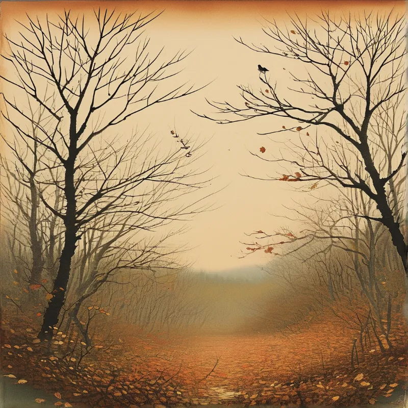 Silhouetted branches frame a warm hazy landscape where orange leaves carpet the ground beneath a soft glowing sky.