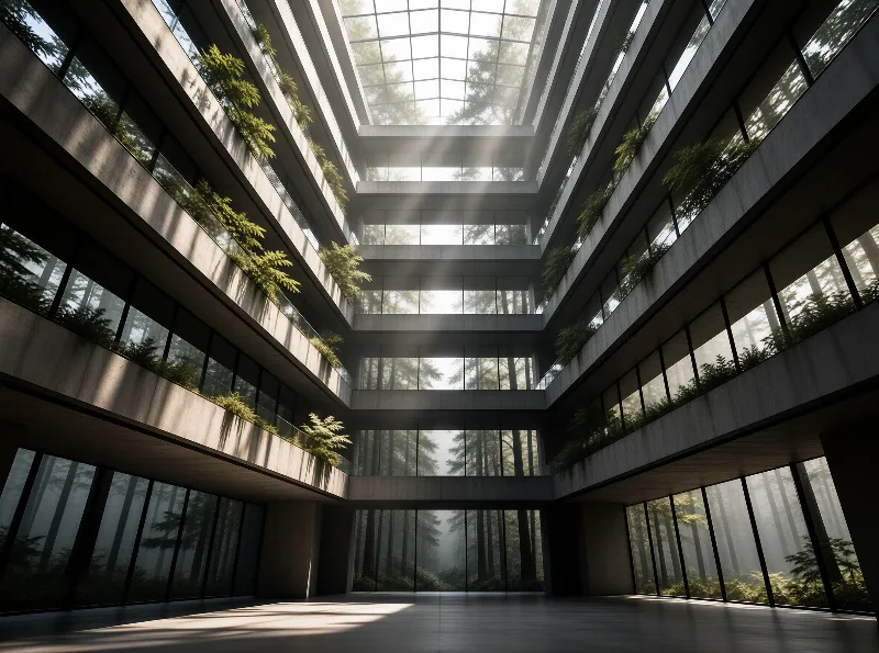 A concrete multi level atrium, glass skylight overhead, sunbeams on polished floor, misty forest through all surrounding windows