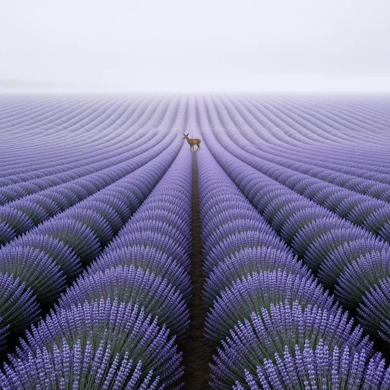 A solitary deer stands on a central path surrounded by endless rows of purple lavender fading into the fog.