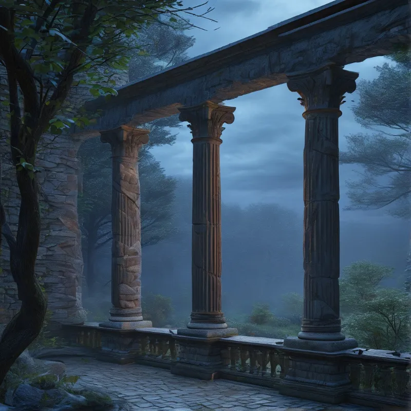 Three fluted columns support a heavy stone beam above a misty forest landscape shrouded in blue haze.