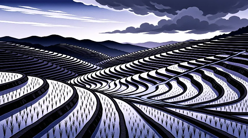 Stylized illustration of blue rice terraces curving across a landscape under a cloudy sky.