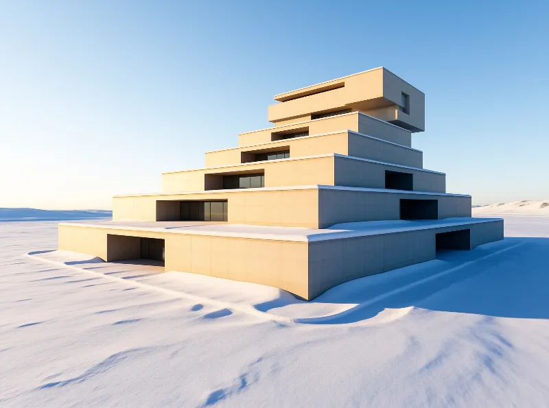 A stepped concrete structure stands alone in a vast snowy landscape under a bright blue sky with shadows cast by the sun.