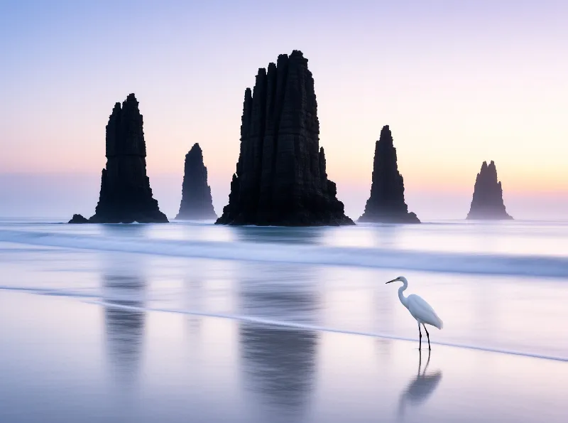 A calm body of water mirrors the tall mountains under a bright sky
