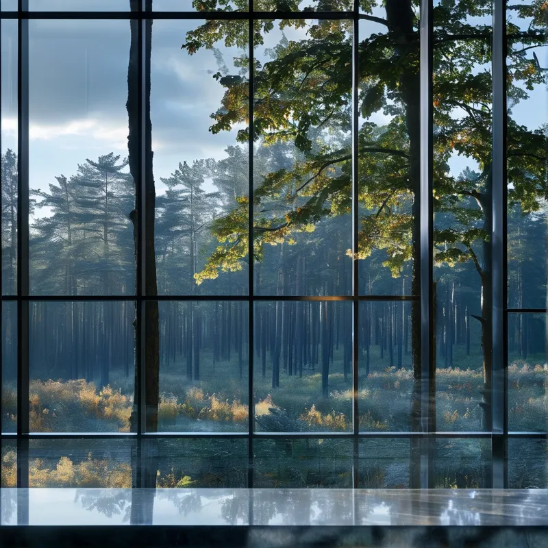 A dense pine forest stretches into the distance behind a floor-to-ceiling glass pane with a dark metal frame.