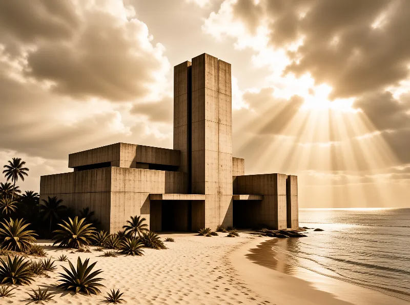 A massive brutalist concrete structure stands on a sandy beach with palm trees under a dramatic sky with golden sun rays.