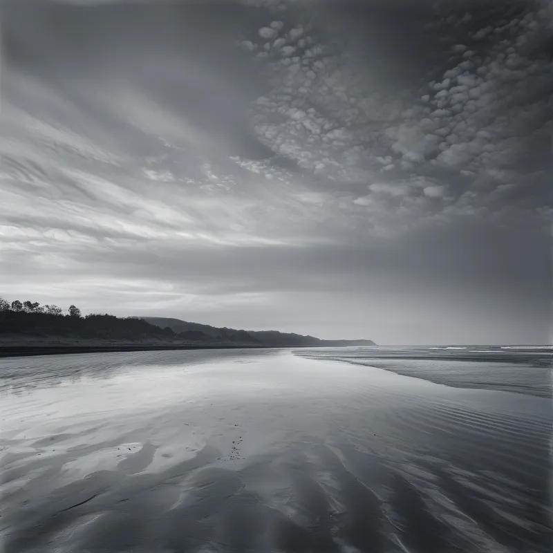 A monochrome wet sand flat mirrors a vast sky of textured clouds above a dark forested headland