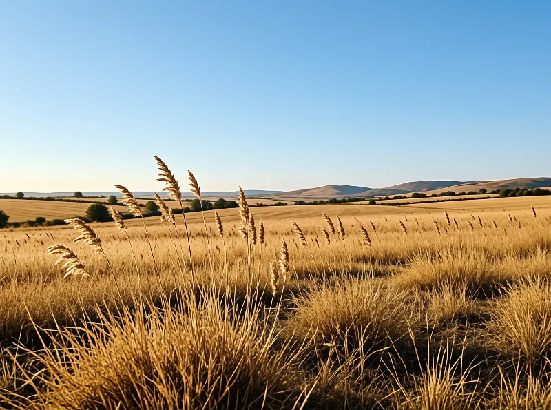 Tall dry grass seed heads sway over rolling golden farmland beneath a clear blue sky.