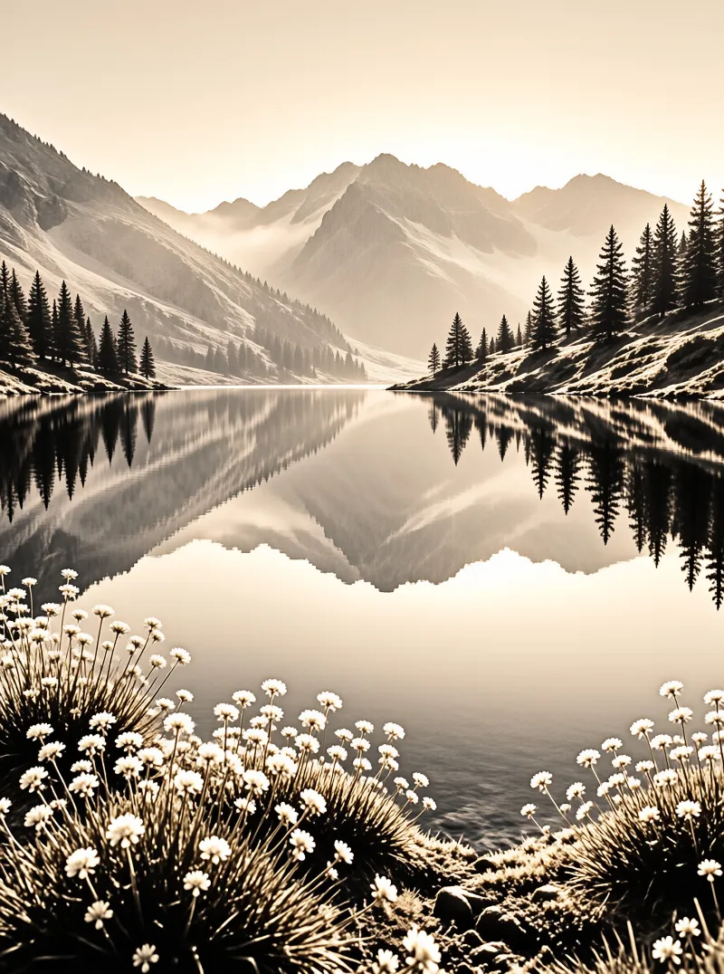 A sepia toned mountain lake mirrors the surrounding peaks and pine slopes beneath a soft hazy dawn sky.