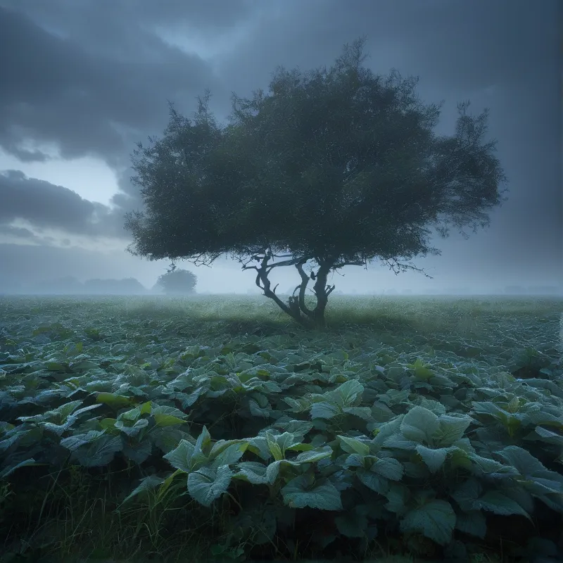 Lone Tree in Misty Field