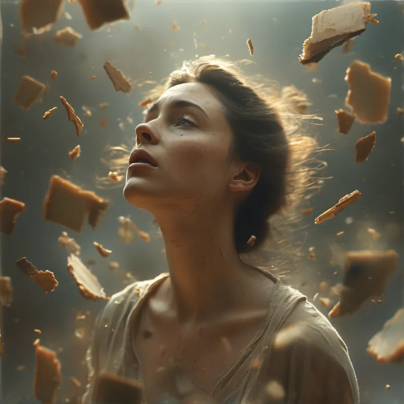 A young woman tilts her head back as pieces of baked goods float around her in warm sunlight.
