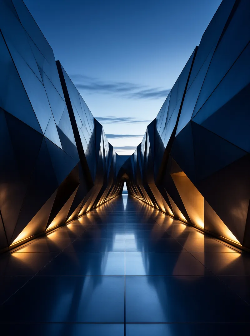 Angular dark blue walls converge toward a twilight sky while warm amber lights glow along a mirrored floor.