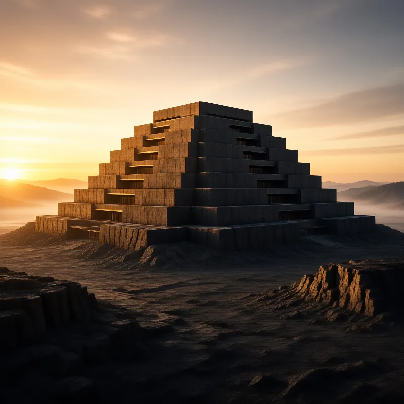 A large stepped pyramid rises from rocky terrain while warm sunlight illuminates concrete layers against distant mountains.