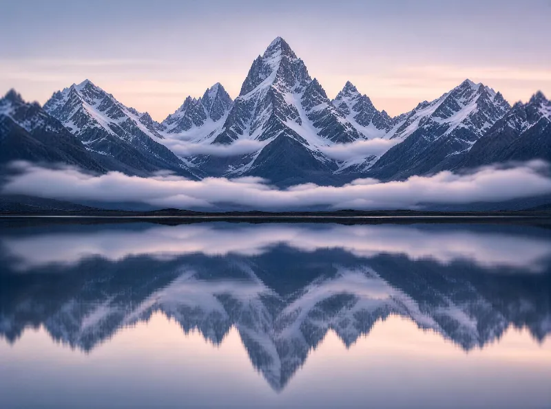A range of snow-covered mountains with their reflection in a calm lake, surrounded by mist and under a soft dawn sky