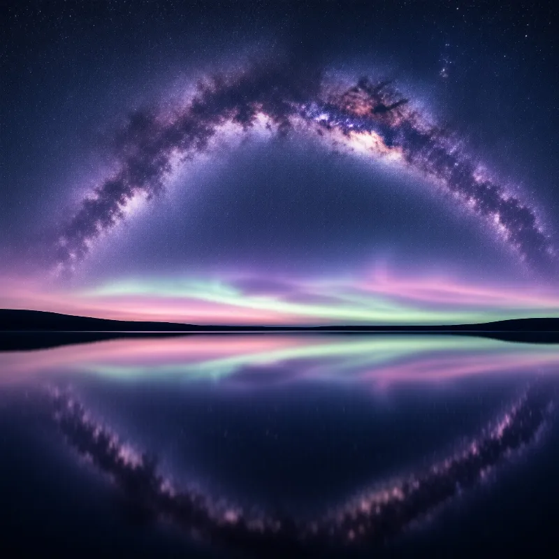 A vibrant purple Milky Way spans the night sky above a dark horizon with green aurora reflecting in the calm water below.