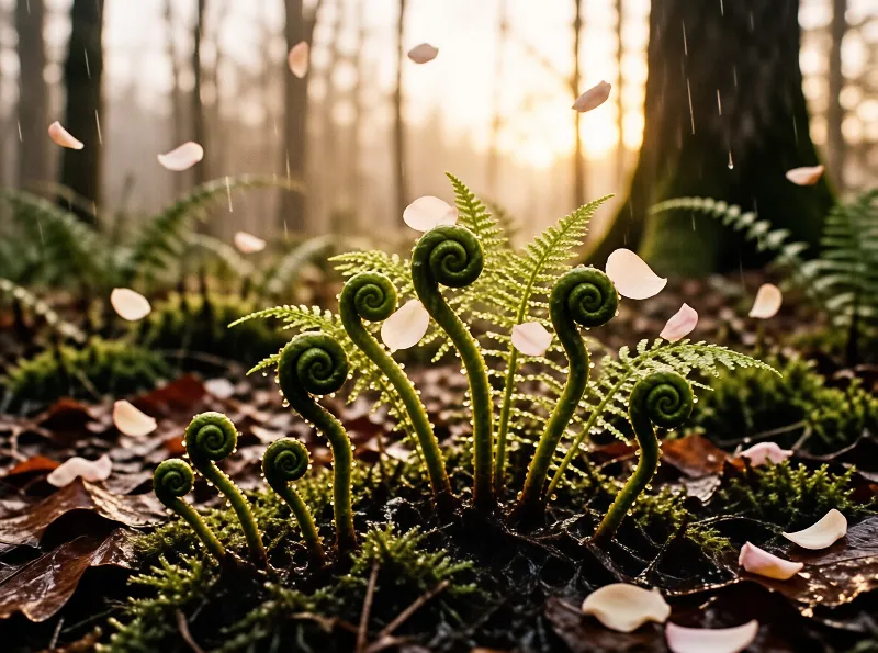 Young fern fiddleheads curl upwards from a bed of moss and leaves while pink petals drift down in warm light.