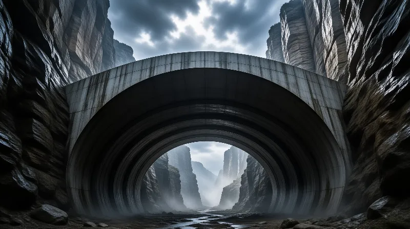 Weathered curved concrete arch bridge spans a deep dark rocky gorge, muted overcast light glows through the fog shrouded canyon mouth.