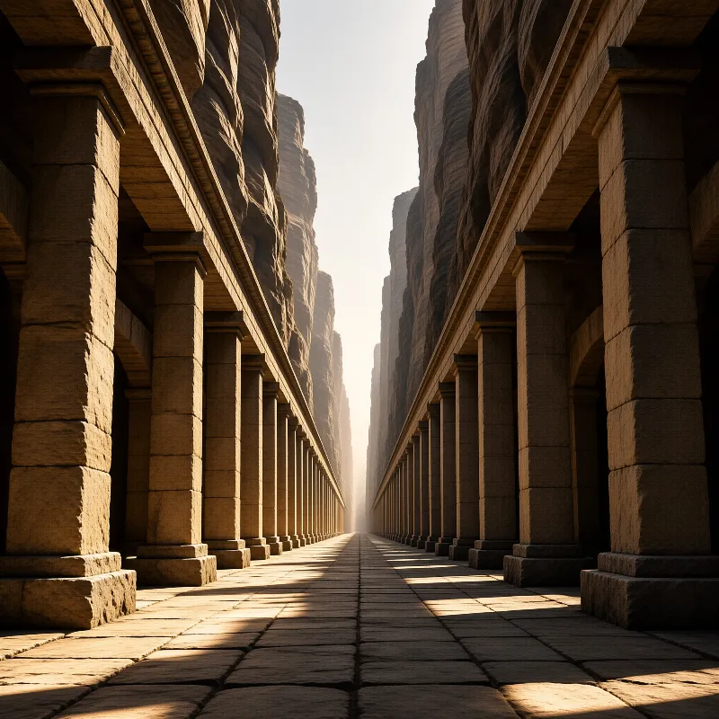 Stone colonnades flank a paved walkway between tall canyon walls, fading into distant hazy light