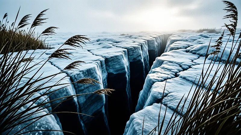 A vast field of cracked ice covered in snow stretches toward a bright horizon while brown reeds sway in the foreground.