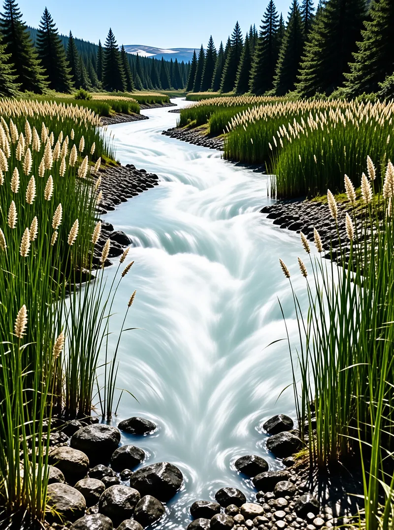 Pale glacial water rushes between golden seed heads and dark stones toward a distant spruce forest.