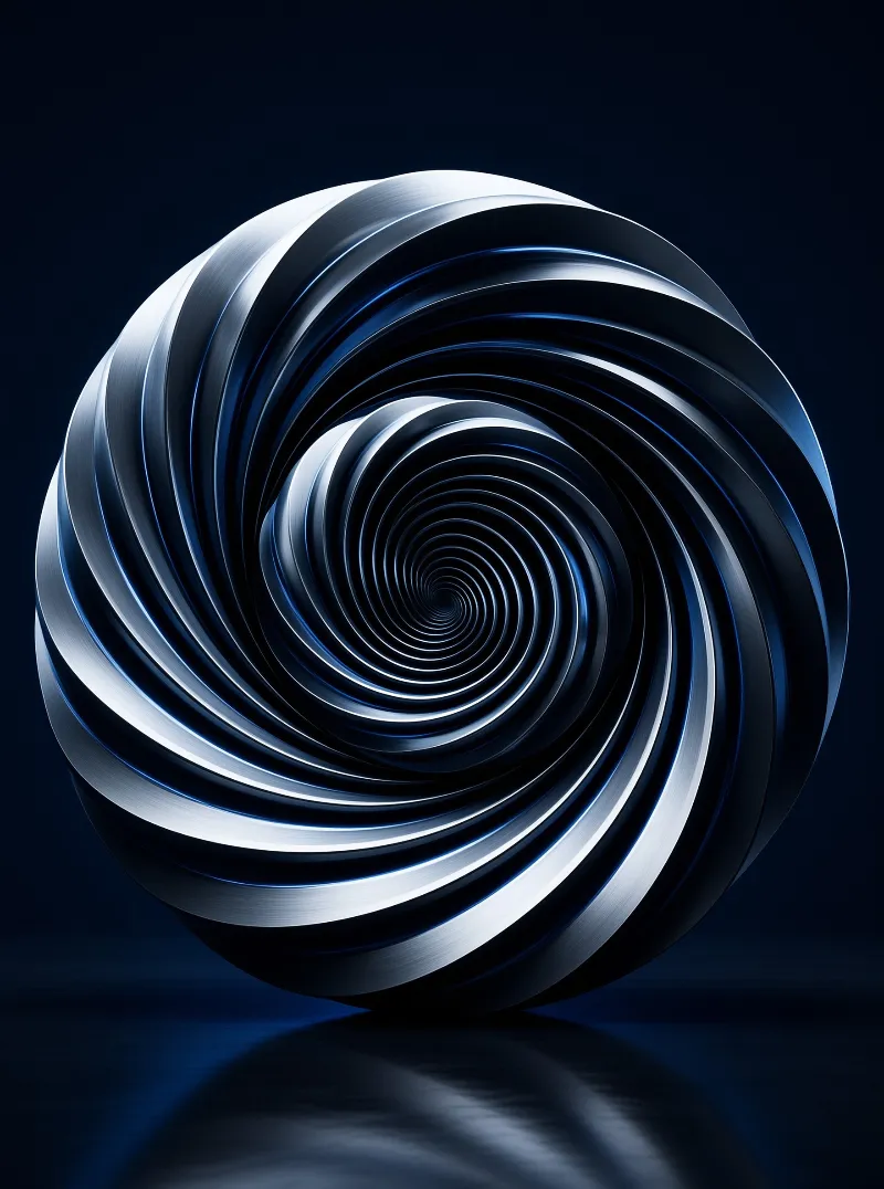 A polished metallic spiral shape twists inward against a dark blue void with bright reflective highlights tracing curves.