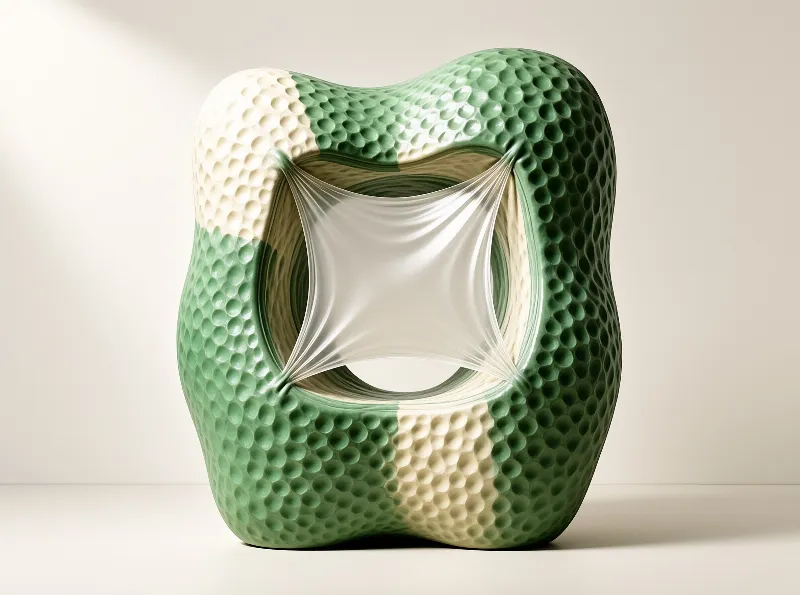 A dimpled green and cream torus sculpture has a smooth translucent membrane across its hollow center on a beige background.