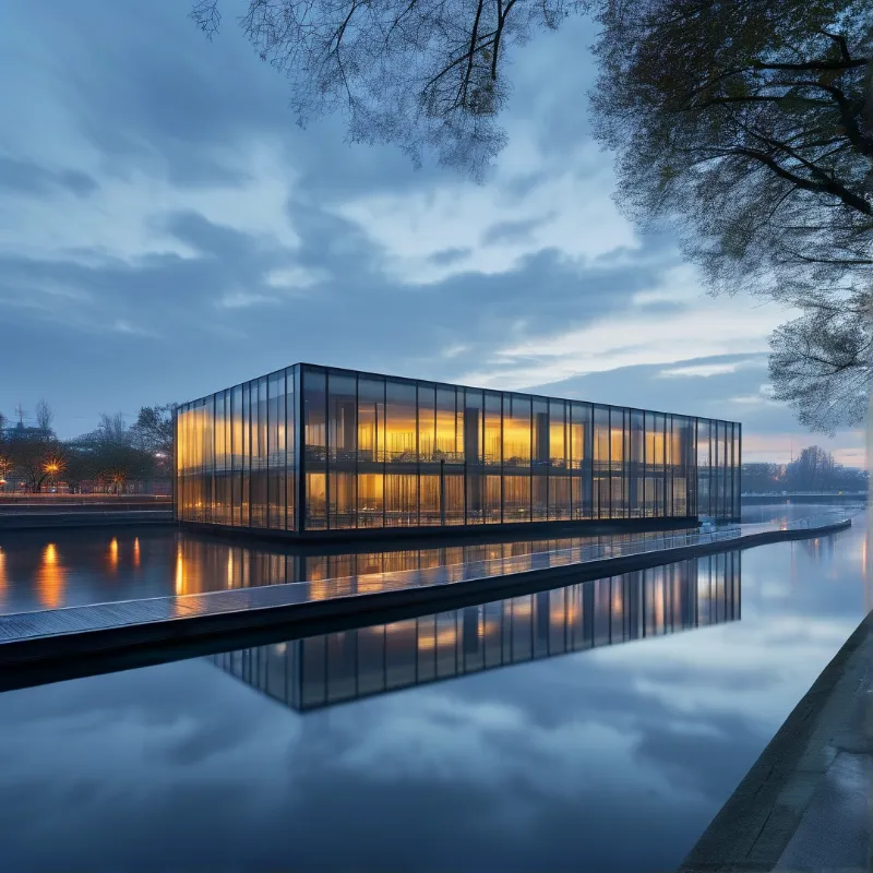 A lit glass rectangular pavilion rests over still water that reflects its form and the overcast blue dusk sky.