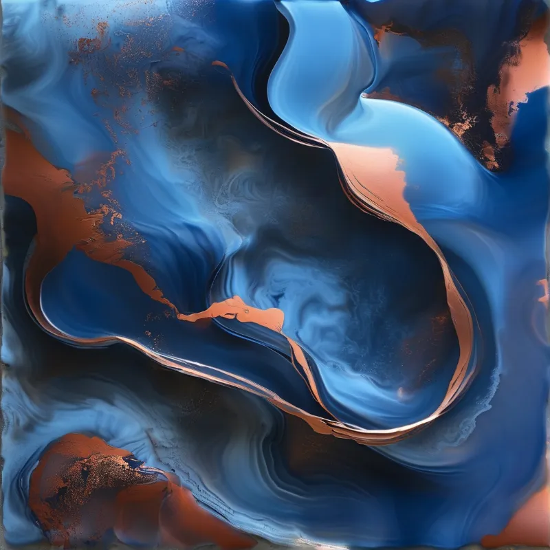 Abstract fluid art featuring swirling blue and copper hues with dynamic marbled patterns and smooth gradients