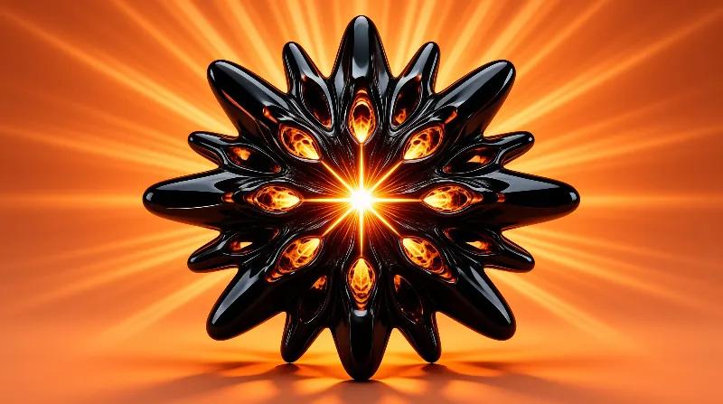 A glossy obsidian flower of pointed petals opens around a blazing center, throwing orange rays across a warm backdrop.
