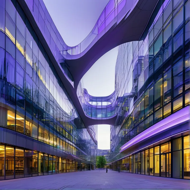 Curved glass office blocks and looping skywalks glow violet above a quiet plaza of pale stone at dusk
