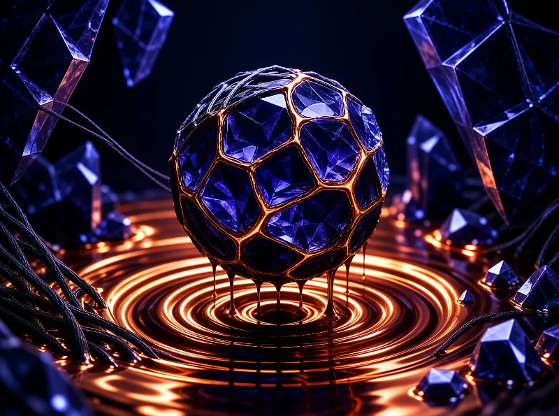 A blue crystalline orb threaded with glowing copper seams drips molten metal onto rippled golden rings.
