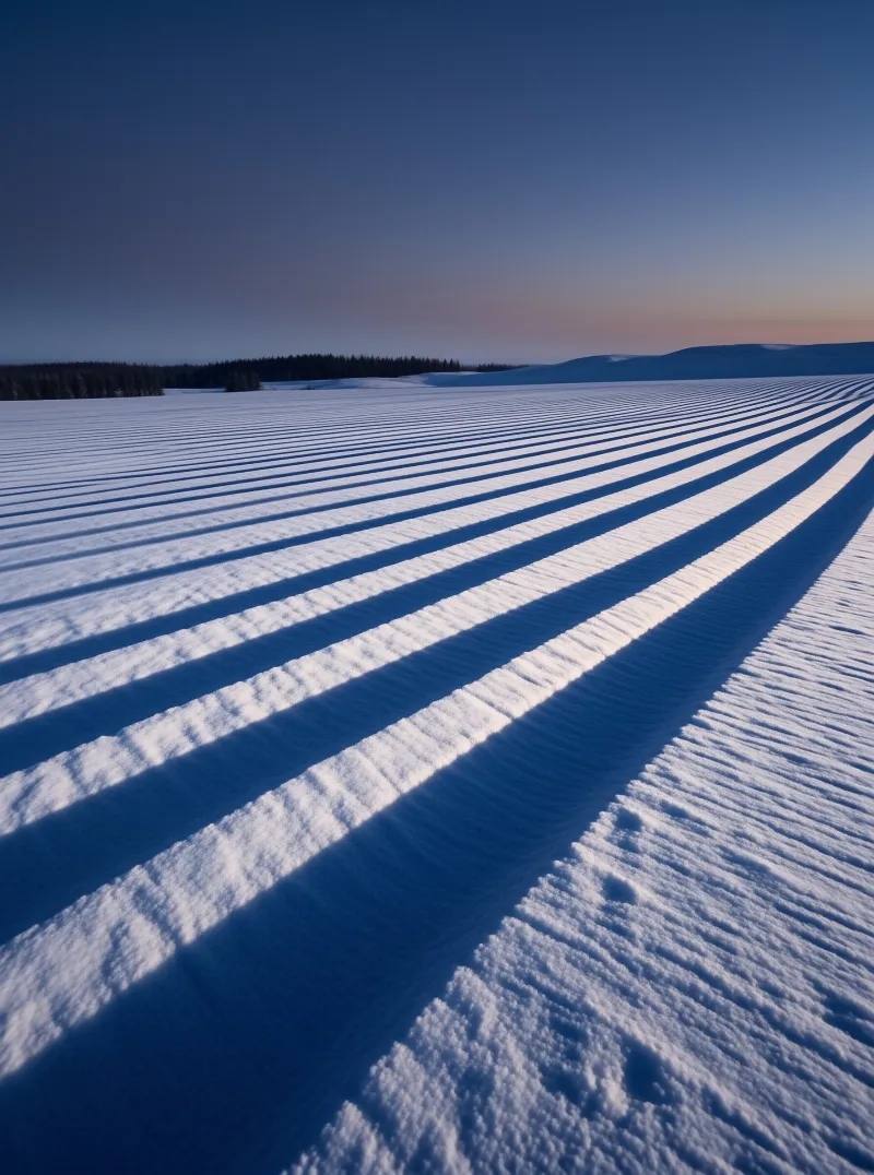 Vast snow-covered landscape with rhythmic blue shadows stretching toward a distant forest under a gradient sky.