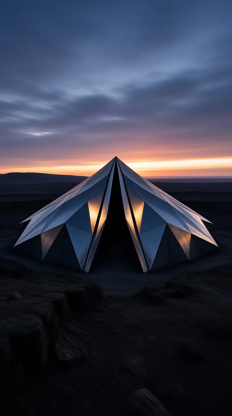 Faceted metal tent with a dark triangular opening glows with warm orange light on a rocky plain beneath a twilight sky.