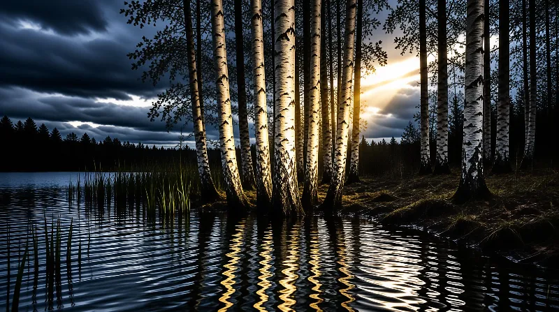 Vertical birch trunks stand along a lake edge as sunlight pierces through dark clouds, creating golden reflections on the rippling water surface.