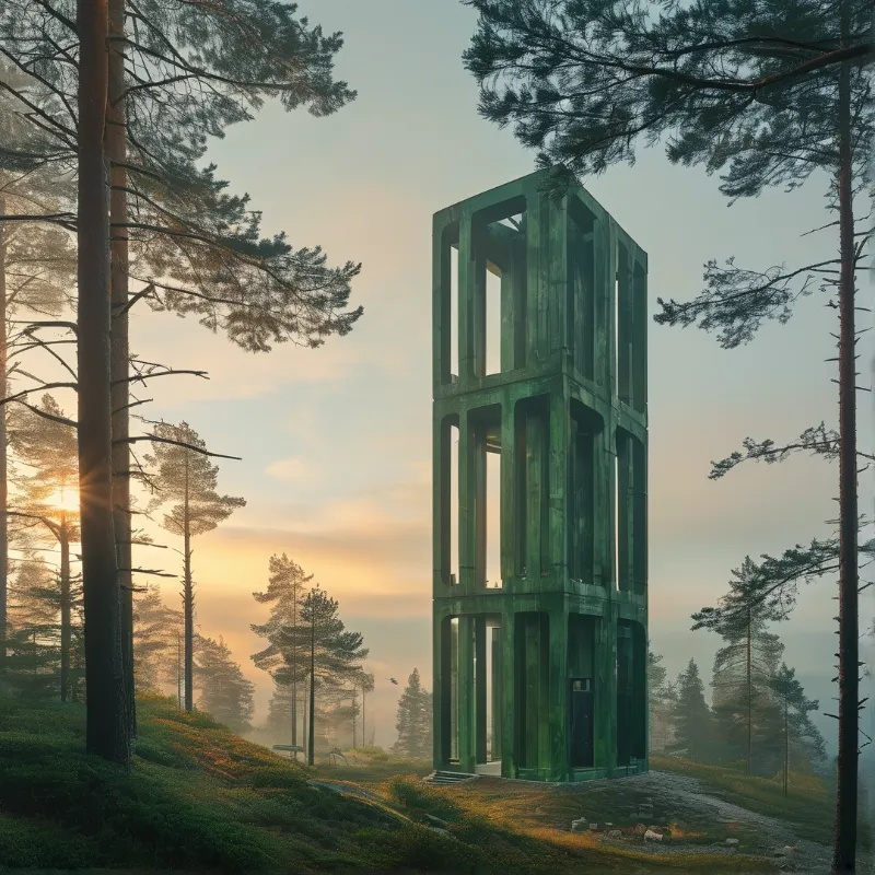 A green rectangular tower frame stands amidst misty pine trees on a hill at sunrise.