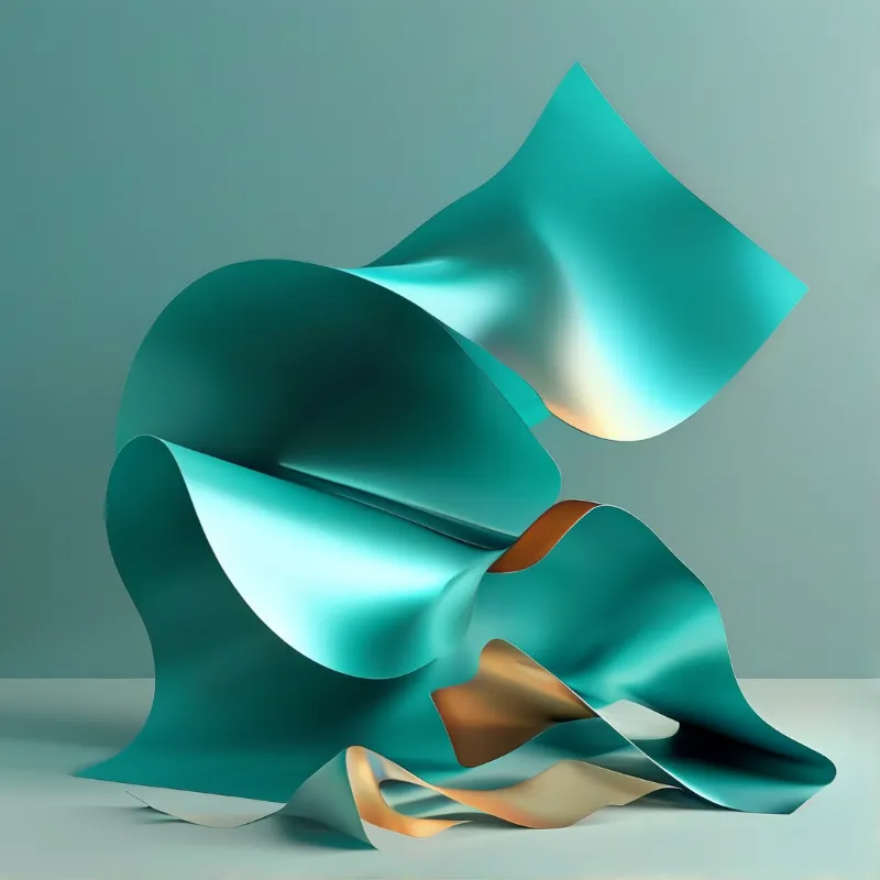 Glossy turquoise ribbons twist and fold above a subtle gray surface, their undersides flashing warm bronze.