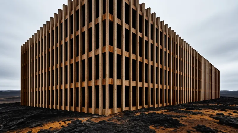 A grid of vertical wooden slats forms an open pavilion standing on rough black volcanic rock beneath a pale overcast sky.