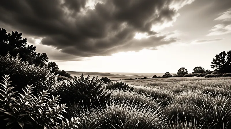 A monochrome prairie landscape shows windswept tall grass and shrubs beneath heavy dramatic clouds over distant hills