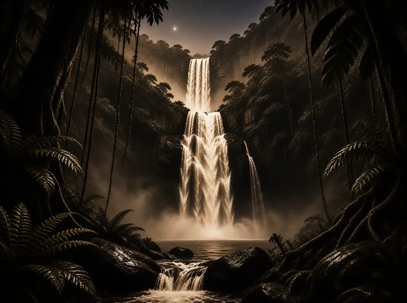 Jungle Waterfall at Night