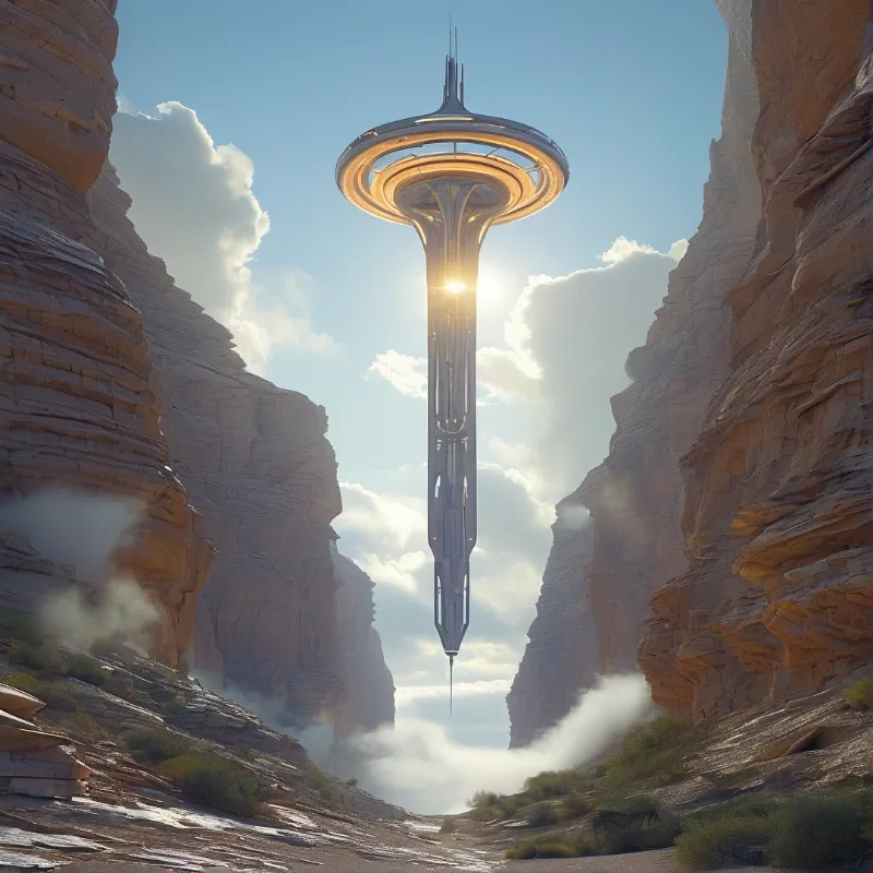 A glowing sci-fi tower hangs weightless between sunlit sandstone canyon walls under a bright sky.