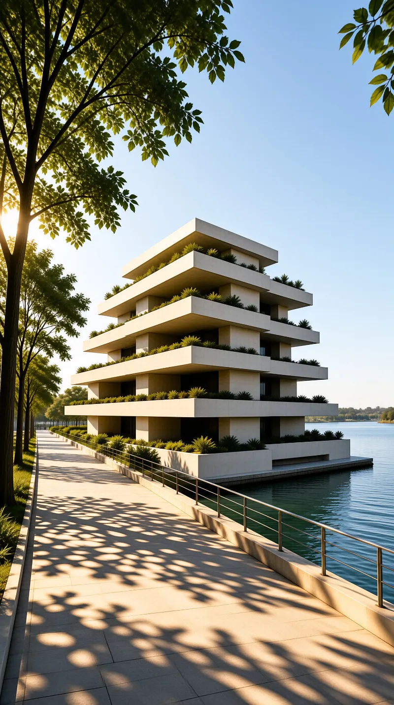 A tiered building with green vegetation on each level sits beside a calm lake, illuminated by warm sunlight casting shadows from trees onto a paved walkway.