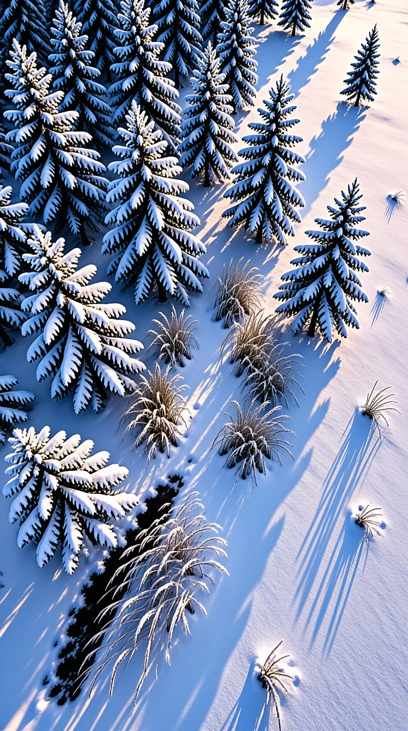 Evergreen trees heavy with snow cast long shadows across a field dotted with dry grass