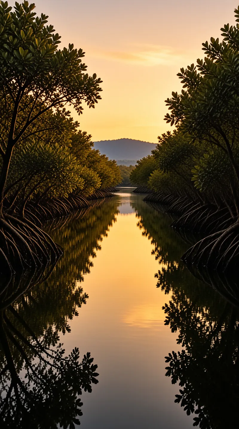 A calm river bordered by mangrove trees with prop roots reflects a golden sunset sky and distant hills in still water