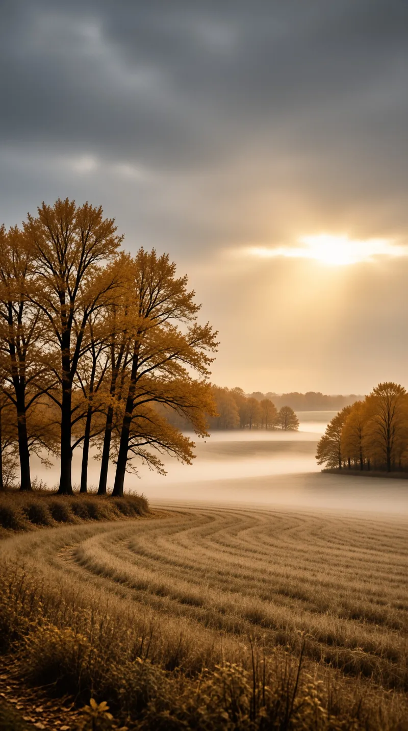 Tall yellow trees stand beside a curved frost-covered field while sunlight breaks through foggy clouds in the distance.