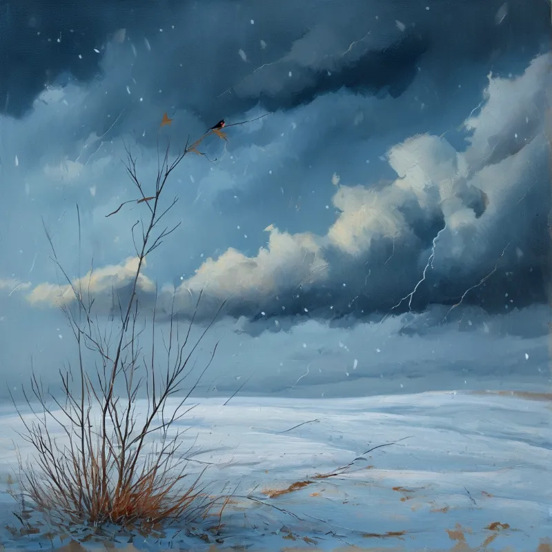 A small dark bird perches on a thin dry twig rising from frozen ground under heavy swirling storm clouds amid falling snow.